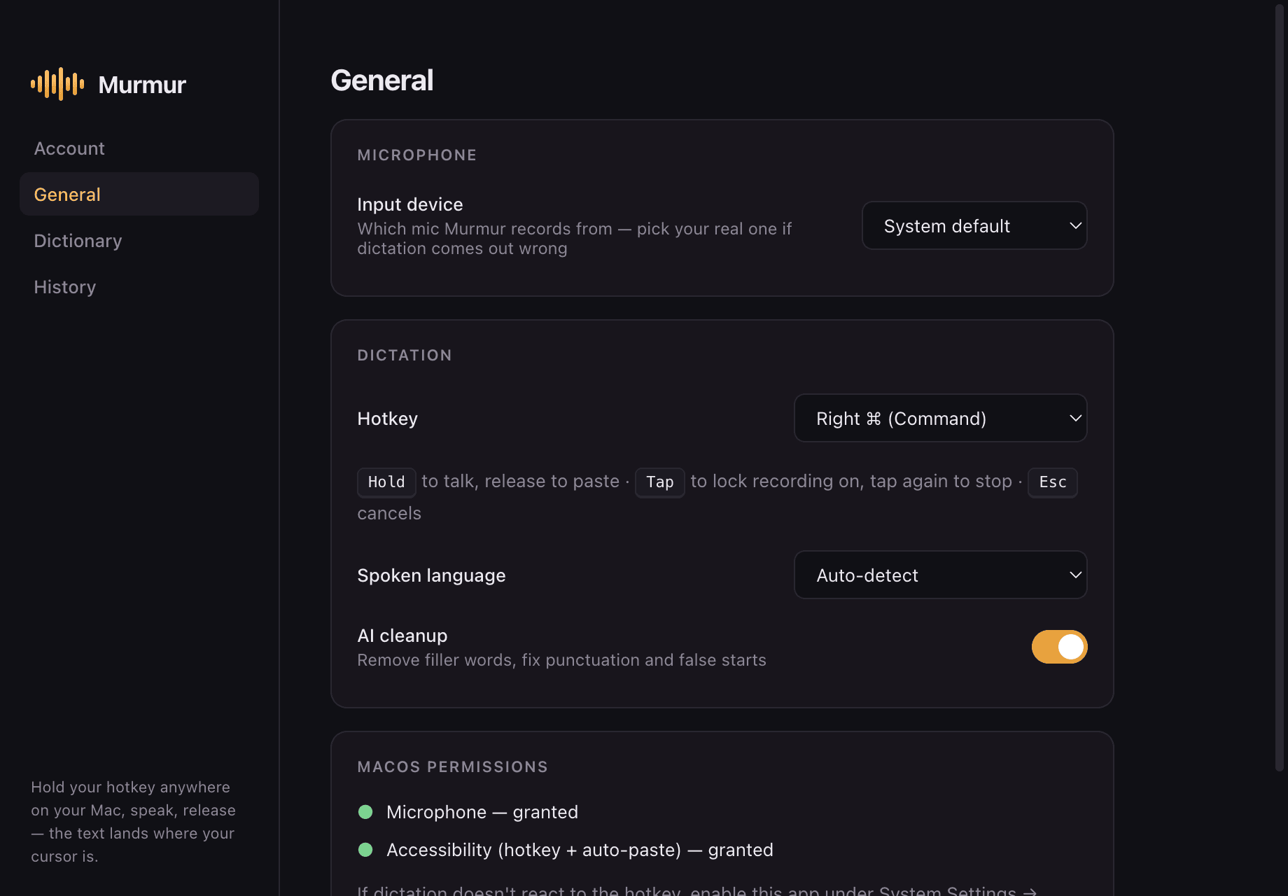 Murmur's settings: microphone input, dictation hotkey, spoken language, AI cleanup, and macOS permissions